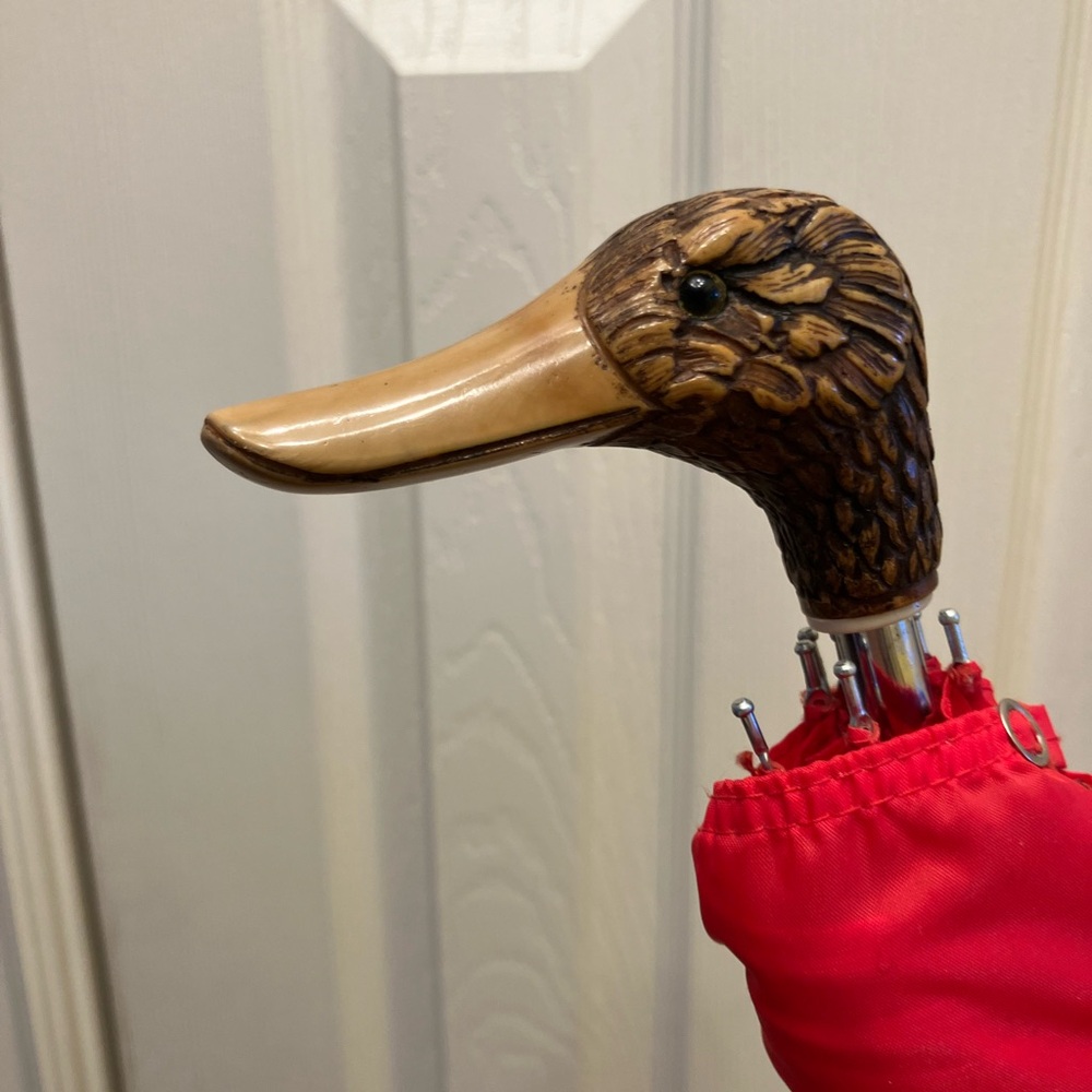 Vintage Wooden Duck Handle Red Umbrella - Picture 2 of 9